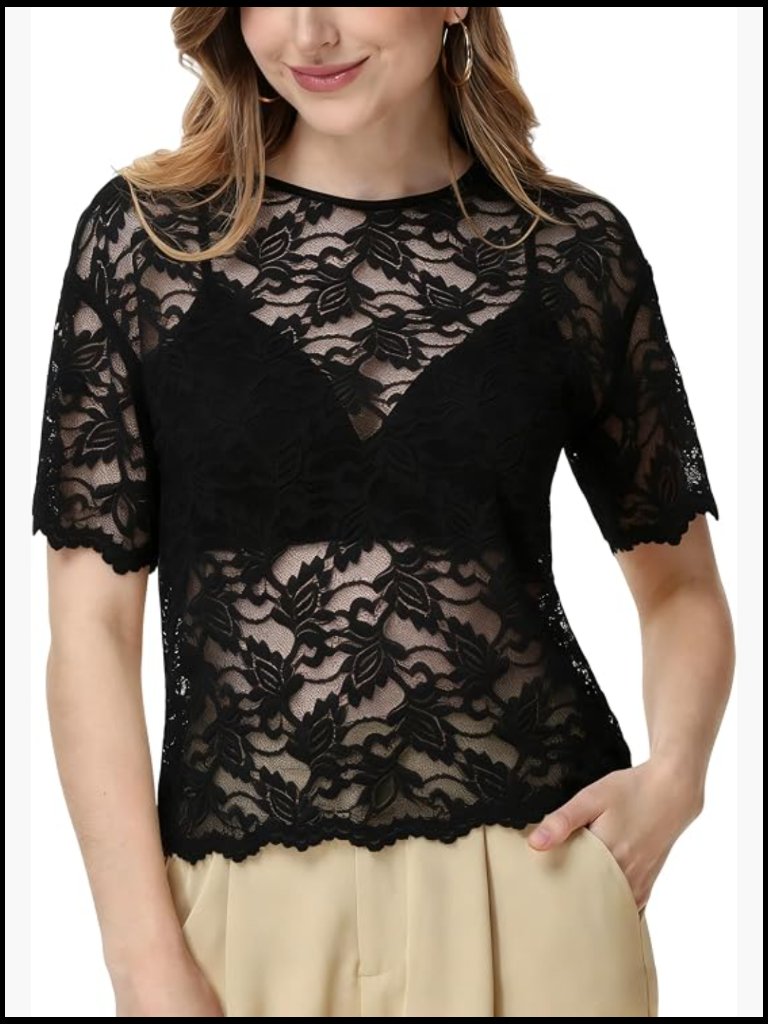 Lace Mesh Tee Short Sleeve Round Neck Floral Sheer Blouse Top See Through Shirts